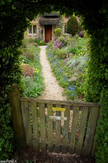 Lacock, Wiltshire, domki pokryte sianem, wie, chatki strzech kryte, natura, przyroda, kwiaty - Zielone wejcie